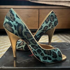 Leopard Print Peep-Toe Heels - Green and Gold